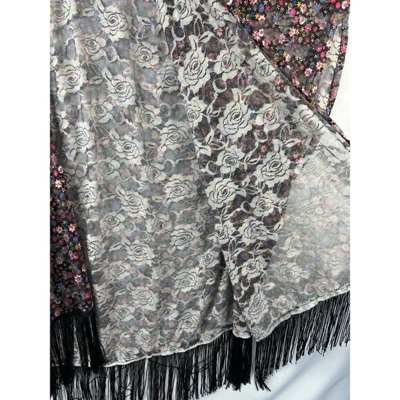 Janice Kimono Jacket Poncho One Size Black Boho Floral With Fringe - Picture 5 of 8